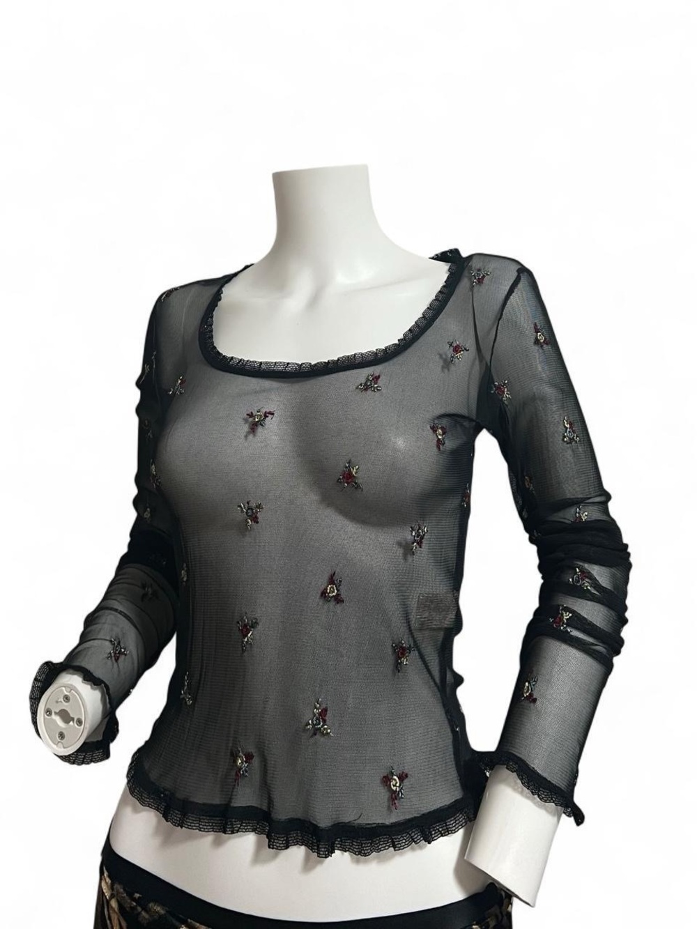 Betsey johnson cheer Black Embroidered Long-Sleeve Mesh Top